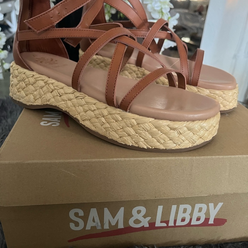 Sam & Libby Tan Platform Sandals with Jute Sole